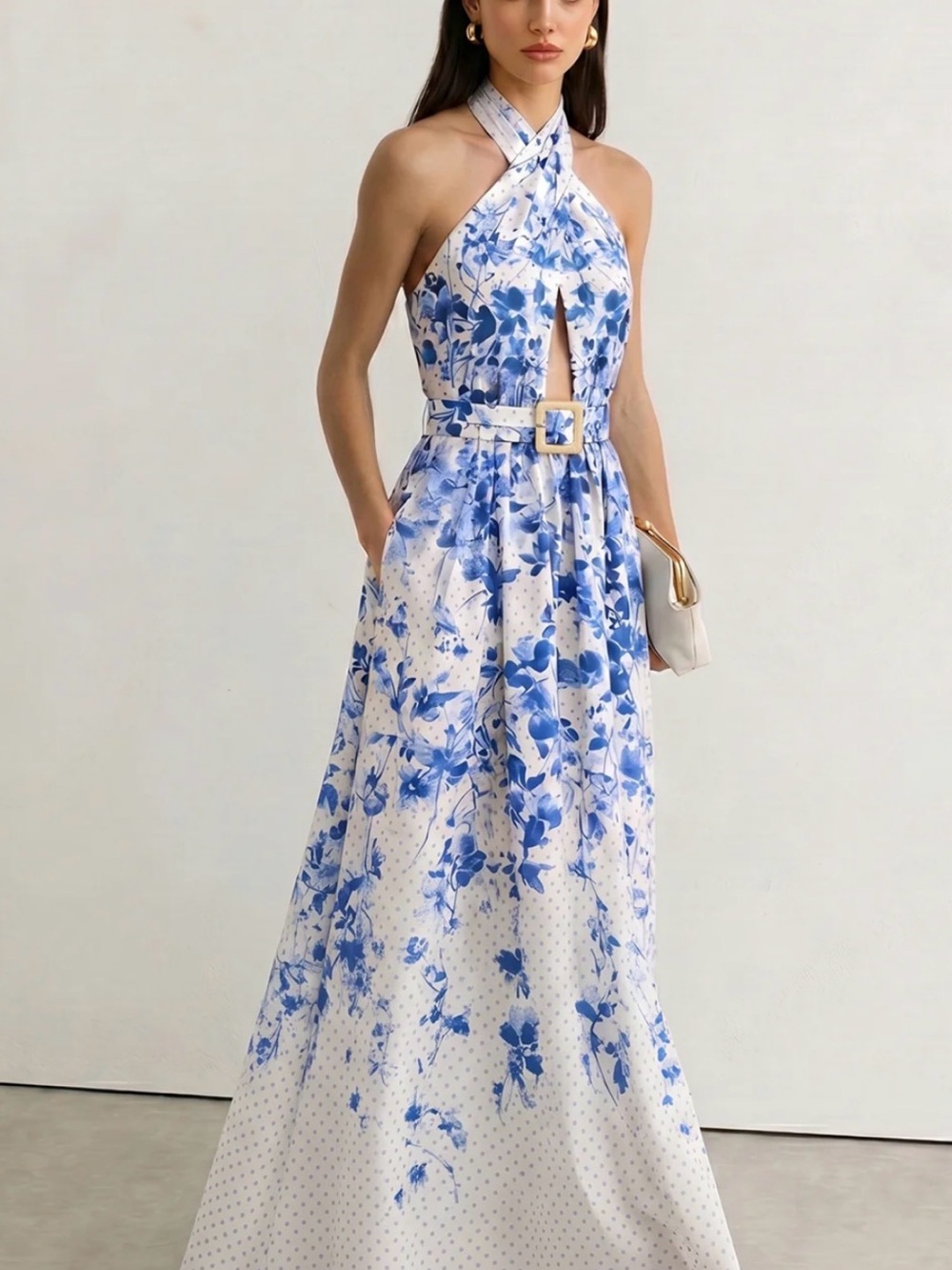 Commense Blue and White Floral Halter Maxi Dress with Belt